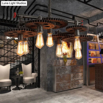 Vintage Metal Chandelier with Black Cog Top and Valve - Dining Room Hanging Light (3/5/7-Light)