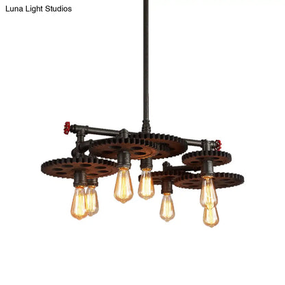 Vintage Metal Chandelier with Black Cog Top and Valve - Dining Room Hanging Light (3/5/7-Light)