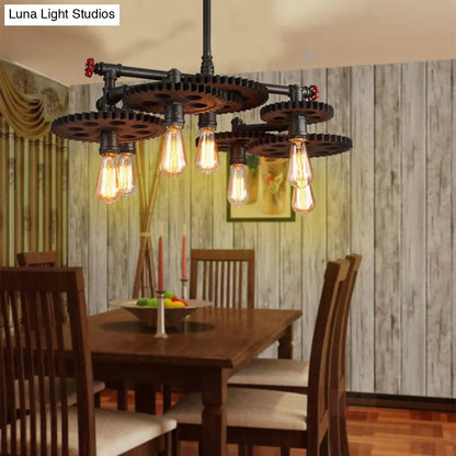 Vintage Metal Chandelier with Black Cog Top and Valve - Dining Room Hanging Light (3/5/7-Light)