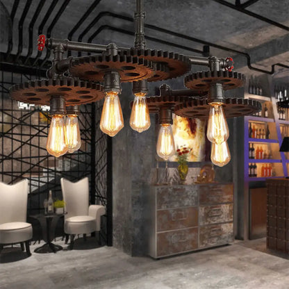 Vintage Metal Chandelier with Black Cog Top and Valve - Dining Room Hanging Light (3/5/7-Light)