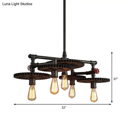 Vintage Metal Chandelier with Black Cog Top and Valve - Dining Room Hanging Light (3/5/7-Light)