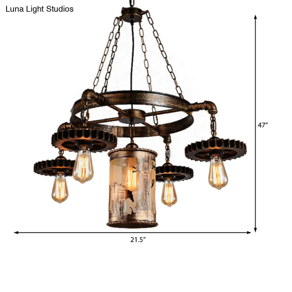 Vintage Metal Cylinder Chandelier: 5/7 Light Dining Room Pendant in Bronze with Gear