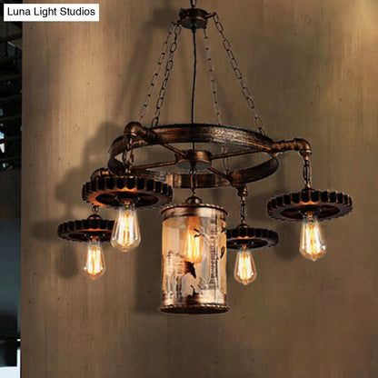 Vintage Metal Cylinder Chandelier: 5/7 Light Dining Room Pendant in Bronze with Gear