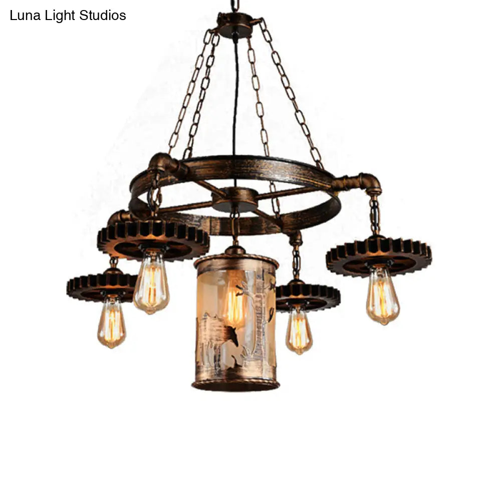 Vintage Metal Cylinder Chandelier: 5/7 Light Dining Room Pendant in Bronze with Gear