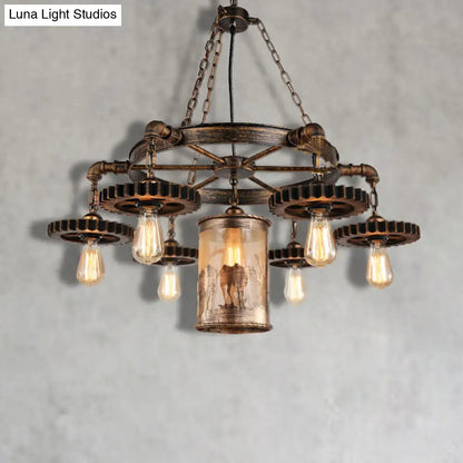 Vintage Metal Cylinder Chandelier: 5/7 Light Dining Room Pendant in Bronze with Gear