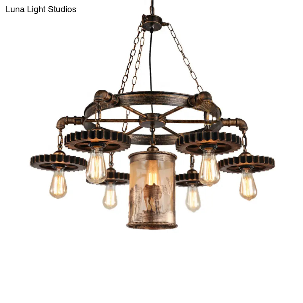 Vintage Metal Cylinder Chandelier: 5/7 Light Dining Room Pendant in Bronze with Gear