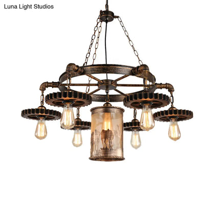 Vintage Metal Cylinder Chandelier: 5/7 Light Dining Room Pendant in Bronze with Gear