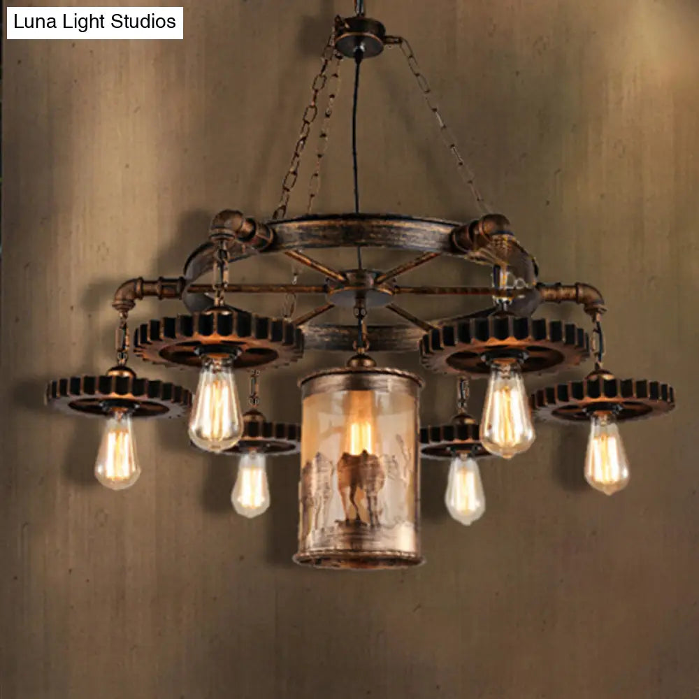 Vintage Metal Cylinder Chandelier: 5/7 Light Dining Room Pendant in Bronze with Gear