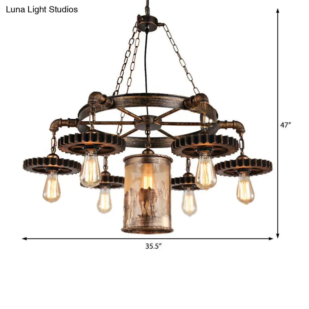 Vintage Metal Cylinder Chandelier: 5/7 Light Dining Room Pendant in Bronze with Gear