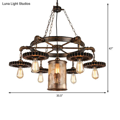 Vintage Metal Cylinder Chandelier: 5/7 Light Dining Room Pendant in Bronze with Gear