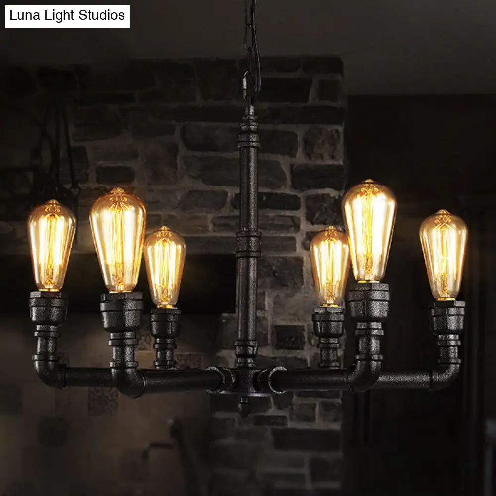 ثريا معدنية عتيقة معلقة: 3/6 رؤوس، تصميم لمبة عارية مع لمسة من أنبوب الماء - أسود