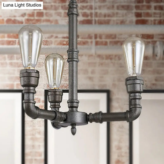 Vintage Metal Pendant Chandelier Lamp: 3/6 Heads, Bare Bulb Design with Water Pipe Accent - Black