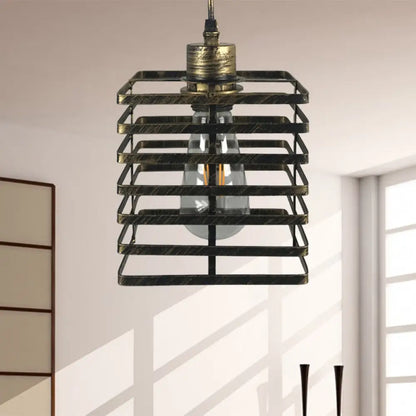 Vintage Metal Pendant Lamp with Aged Brass Cylinder Shade - Restaurant Ceiling Light