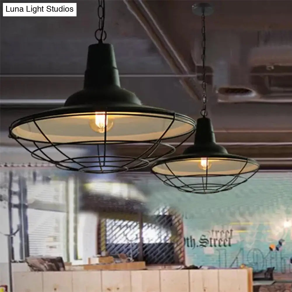 Vintage Metal Pendant Light - Stylish Wire Frame Ceiling Lamp | 1-Light Restaurant Hanging Fixture (Black)