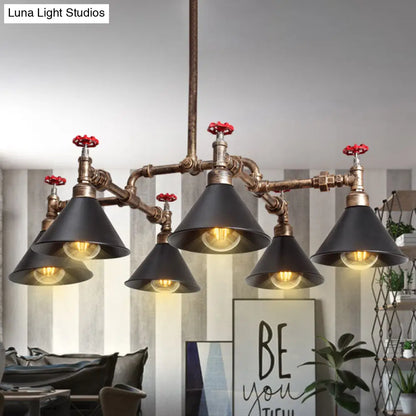 Vintage Metal Pendant Lighting - Stylish Cone Shade Chandelier Fixture with Red Valve (4/6 Lights)