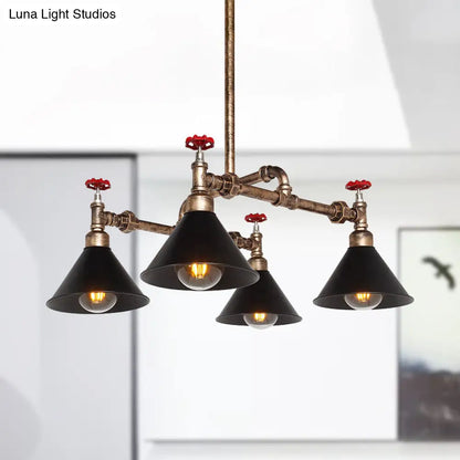 Vintage Metal Pendant Lighting - Stylish Cone Shade Chandelier Fixture with Red Valve (4/6 Lights)