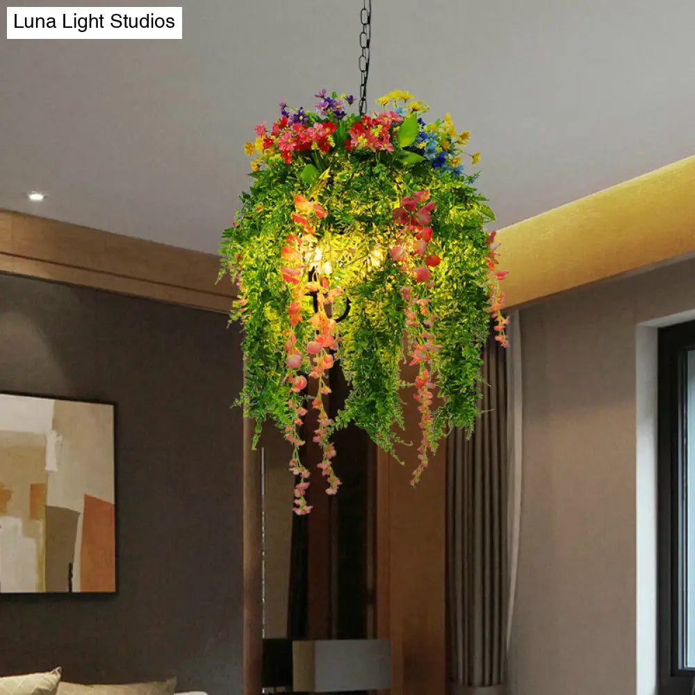 Vintage Metal Plant Pendant Chandelier with LED Lights for Restaurant Ceiling - 3 Bulbs