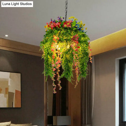Vintage Metal Plant Pendant Chandelier with LED Lights for Restaurant Ceiling - 3 Bulbs