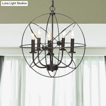 Vintage Metal Strap Globe Chandelier Pendant Light - 5 Bulb Hanging Lamp in Black, Ideal for Restaurants