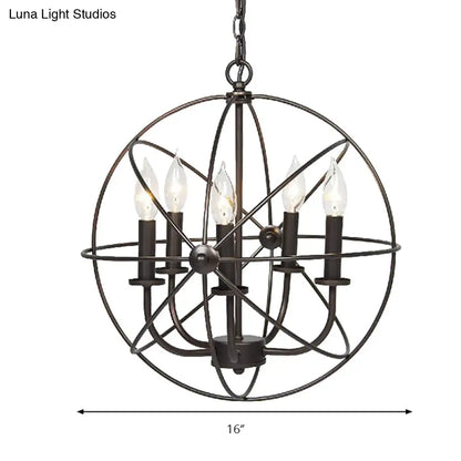 Vintage Metal Strap Globe Chandelier Pendant Light - 5 Bulb Hanging Lamp in Black, Ideal for Restaurants