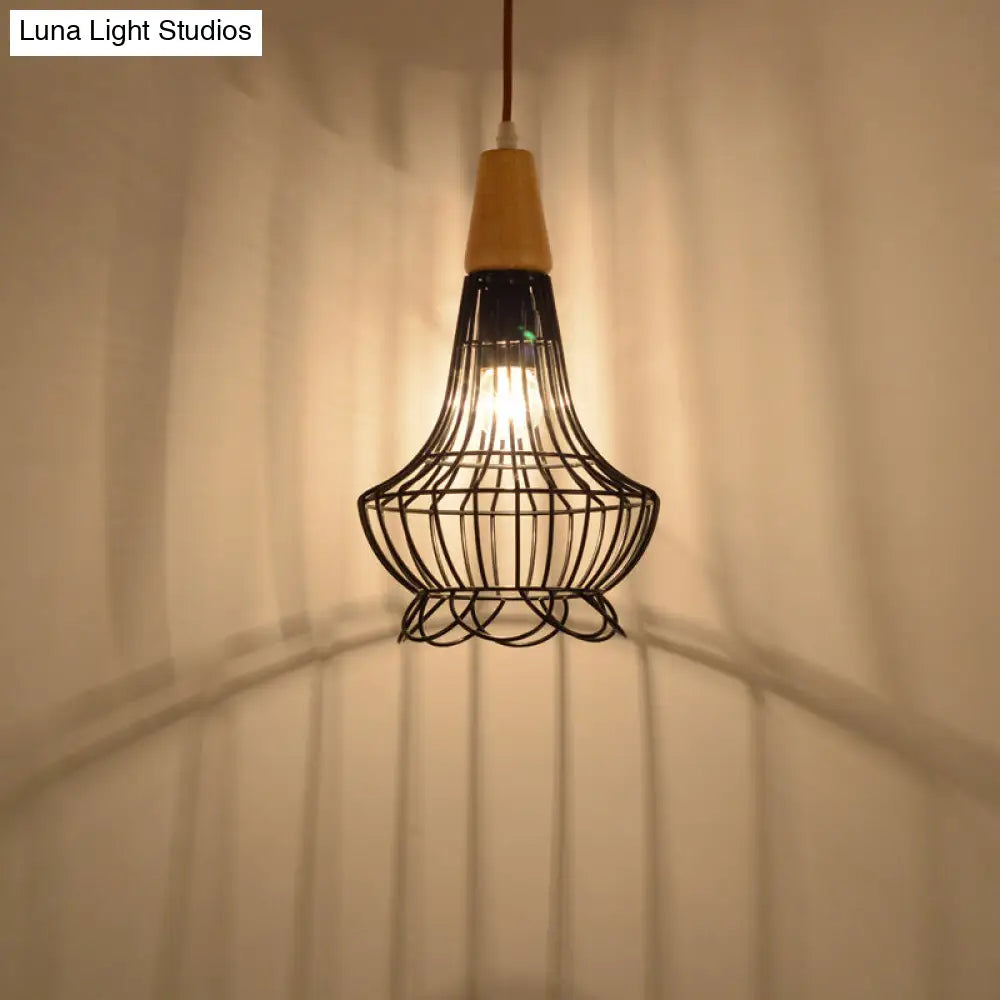 Vintage Metallic Pendant Lamp with Pear/Diamond/Gourd Cage Design - 1 Head Ceiling Hanging Light in Black