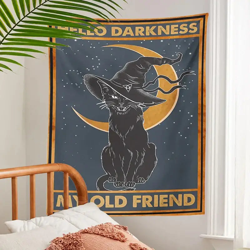 Vintage moon cat cat tarot tapestry in dark blue with black cat witch design and gold text for bedroom decorbites decor