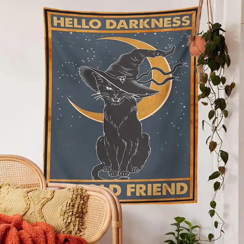 Dark blue vintage moon cat tarot tapestry featuring a black witch cat with a golden crescent moon for decorbites cat tarot decor