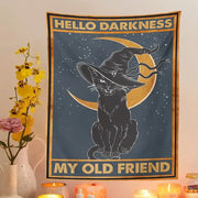 Vintage moon cat blue tapestry with cat tarot design and gold text for bedroom wall decor by decorbites cat tarot