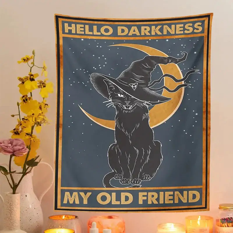 Vintage moon cat blue tapestry with cat tarot design and gold text for bedroom wall decor by decorbites cat tarot