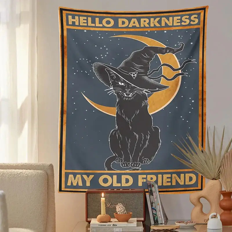 Vintage moon cat decorbites cat tarot tapestry in dark blue showing a black witch cat with crescent moon and stars