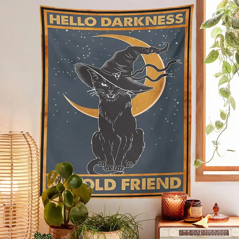 Dark gray vintage moon cat tarot tapestry featuring a black witch cat with crescent moon and gold decorbites cat tarot lettering