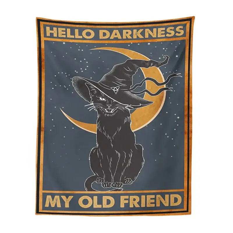 Dark gray vintage moon cat tarot tapestry featuring black witch cat with white outlines and gold lettering decorbites cat tarot