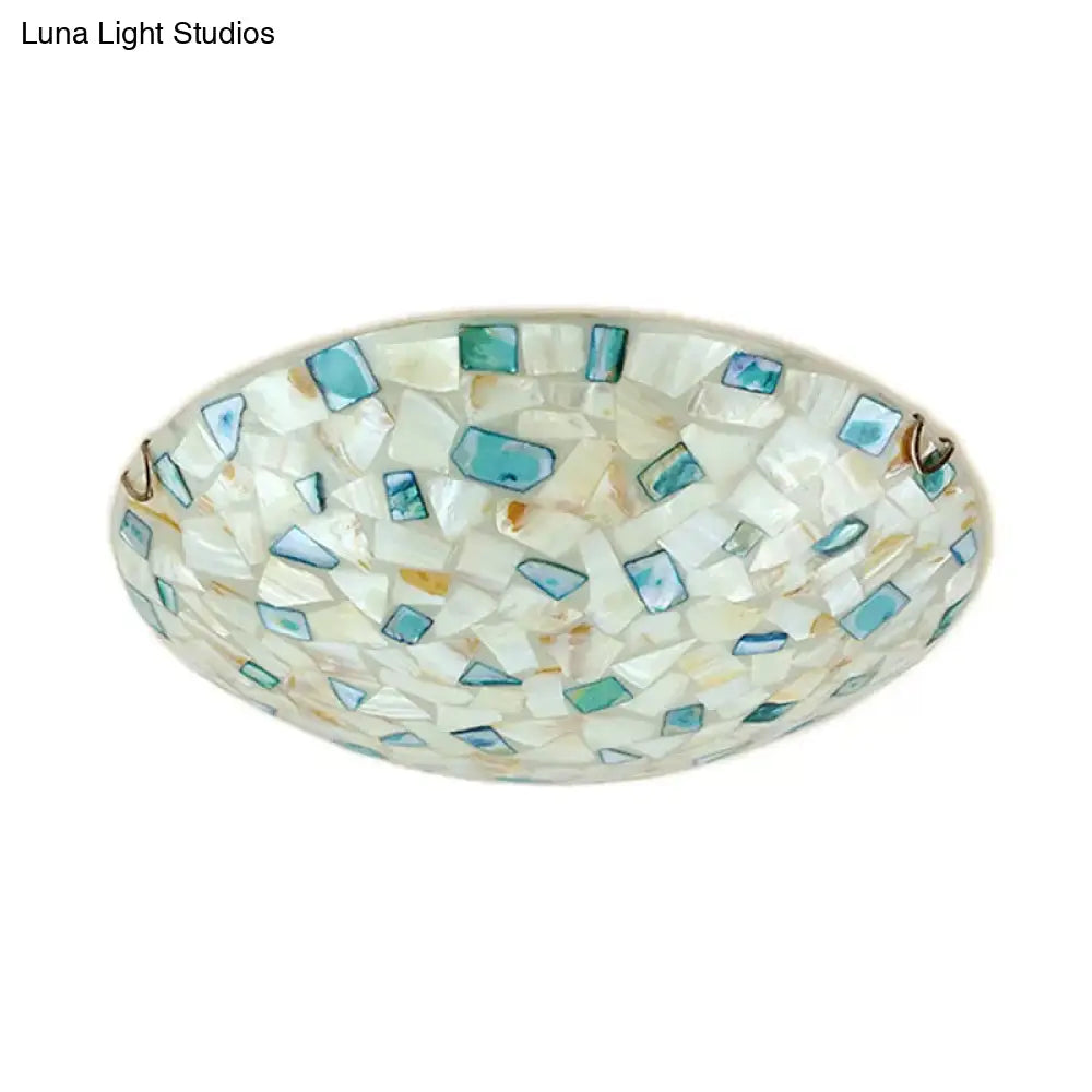 Vintage Mosaic Glass Bowl Ceiling Light Fixture - Beige/Blue 1 Bulb - Flush Mount for Dining Room (12"/16"/19.5")
