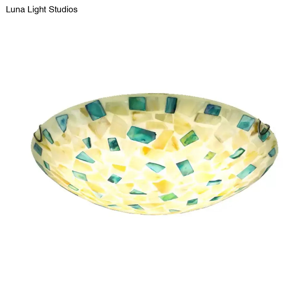 Vintage Mosaic Glass Bowl Ceiling Light Fixture - Beige/Blue 1 Bulb - Flush Mount for Dining Room (12"/16"/19.5")