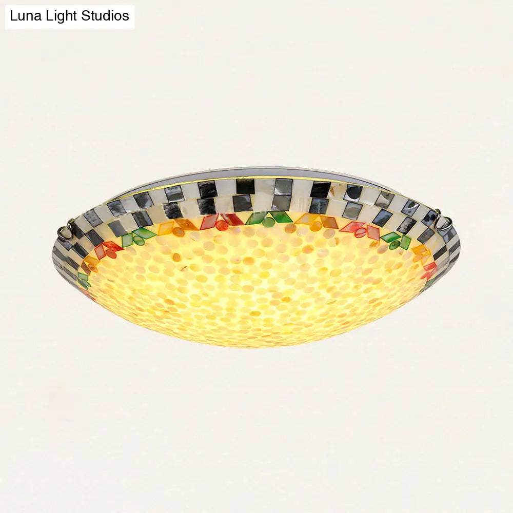 Vintage Mosaic Glass Bowl Ceiling Light Fixture - Beige/Blue 1 Bulb - Flush Mount for Dining Room (12"/16"/19.5")