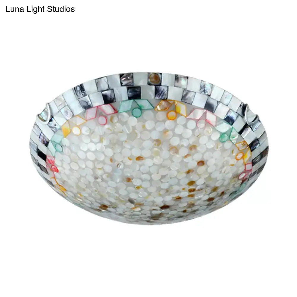 Vintage Mosaic Glass Bowl Ceiling Light Fixture - Beige/Blue 1 Bulb - Flush Mount for Dining Room (12"/16"/19.5")