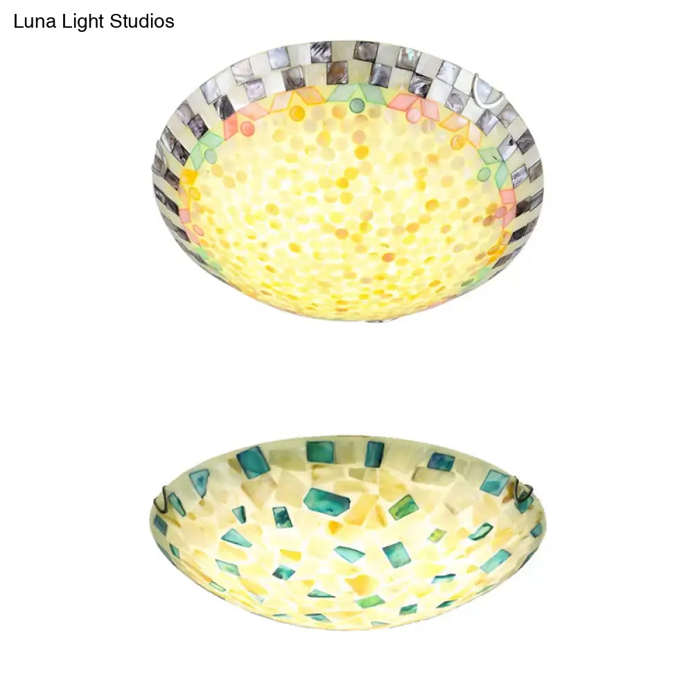 Vintage Mosaic Glass Bowl Ceiling Light Fixture - Beige/Blue 1 Bulb - Flush Mount for Dining Room (12"/16"/19.5")