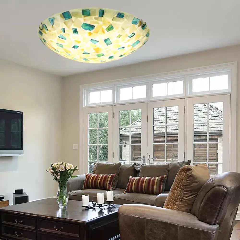 Vintage Mosaic Glass Bowl Ceiling Light Fixture - Beige/Blue 1 Bulb - Flush Mount for Dining Room (12"/16"/19.5")