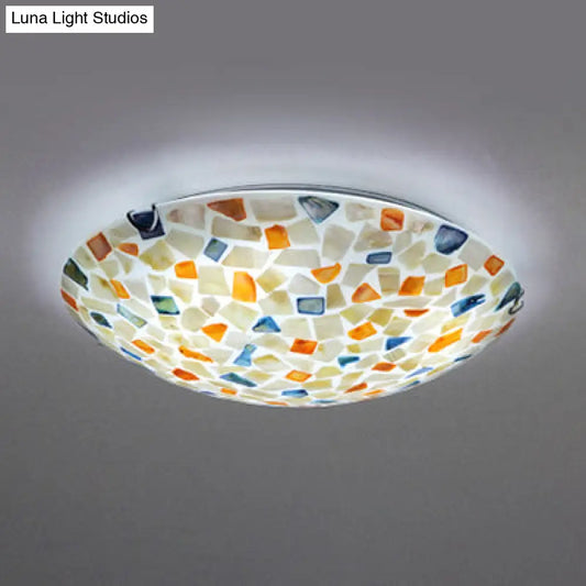 Vintage Mosaic Glass Ceiling Light - Colorful 12"/16" Bowl, 1-Bulb Flush Mount in White