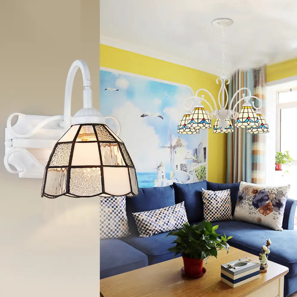 Vintage Mosaic Glass Wall Light - White Domed Fixture for Stairway