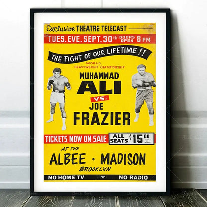 Vibrant yellow vintage muhammad ali boxing photo print framed in black decorbites boxing photo for living room wall art