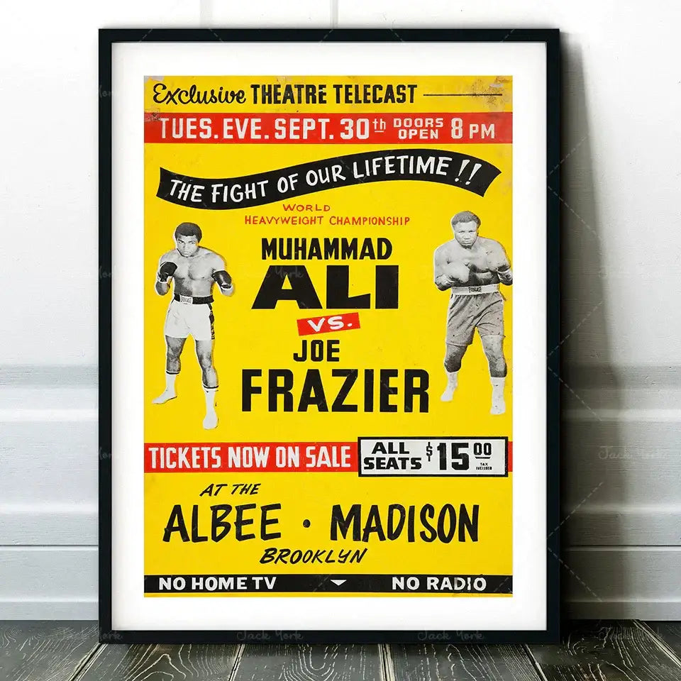 Vibrant yellow vintage muhammad ali boxing photo print framed in black decorbites boxing photo for living room wall art