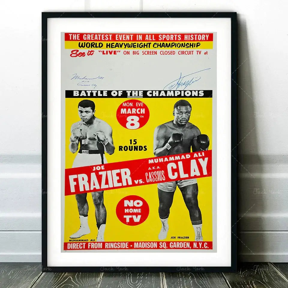 Vibrant yellow and red vintage muhammad ali boxing photo print framed for living room wall art from decorbites boxing collection