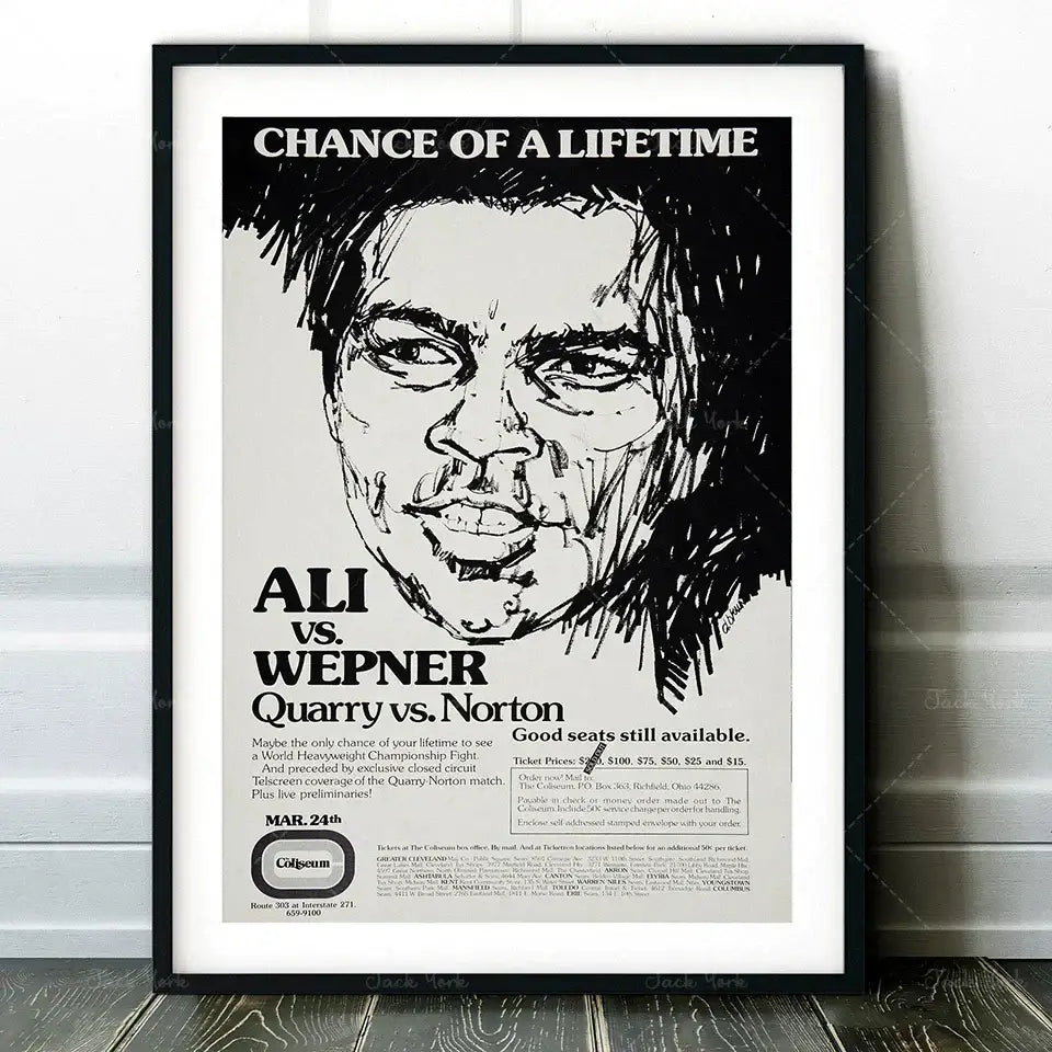 Black and white framed decorbites boxing photo print of stylized muhammad ali sketch for living room wall art