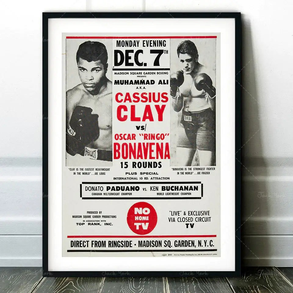 Black-framed vintage muhammad ali boxing photo print poster featuring a classic match for living room decorbites boxing photo
