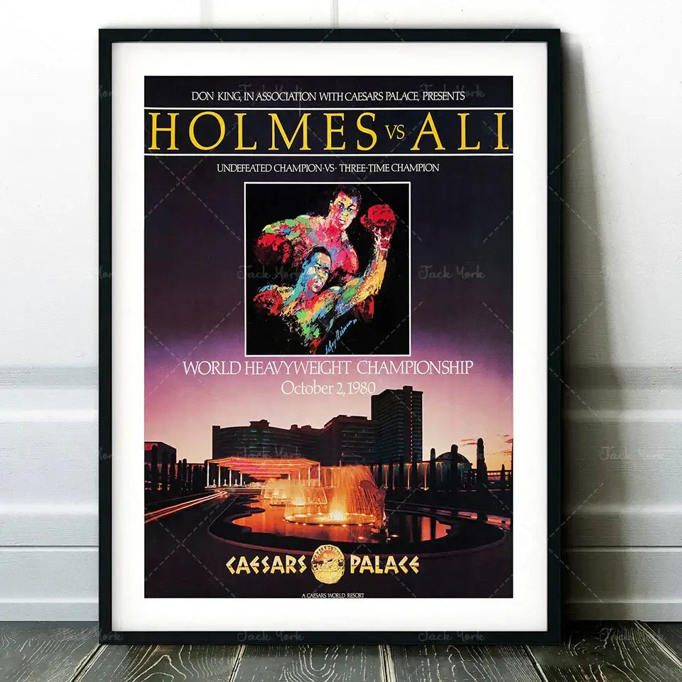 Black-framed decorbites boxing photo print featuring colorful Muhammad Ali and Holmes fight with Caesars Palace backdrop