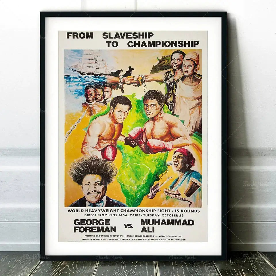 Black-framed decorbites boxing photo print featuring vibrant vintage muhammad ali vs george foreman illustration for living room wall art