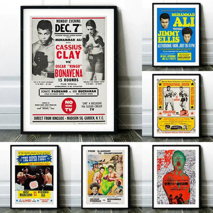 Black-framed vintage muhammad ali boxing photo print with bold red white and black text for decorbites boxing wall art
