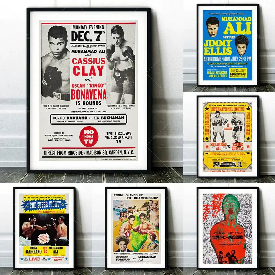 Black-framed vintage muhammad ali boxing photo print with bold red white and black text for decorbites boxing wall art