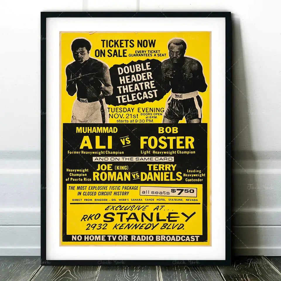 A vintage yellow and black framed muhammad ali boxing photo print perfect for living room wall art decorbites boxing photo